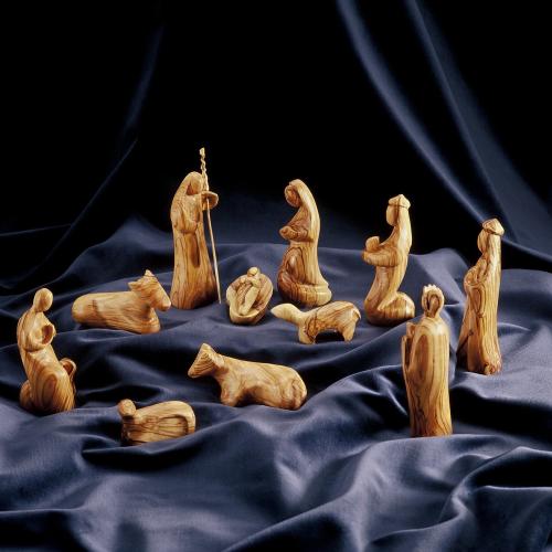 Krippenfiguren aus Olivenholz MODERNER STIL. Höhe 13 cm. 11-teilige Weihnachtskrippe aus Holz geschnitzt.